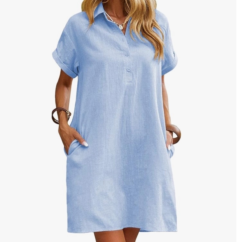 Zeagoo Womens Cotton Shirt Dress Summer Casual Short Sleeve Blue Size Small NWT